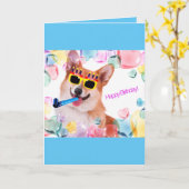 ガラスを持つハッピーバースデーのコーギー カード (黄色い花)
