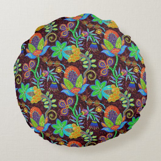 ガラスカラフルビーズルックレトロフローラデザイン2 ラウンドクッション (裏面)