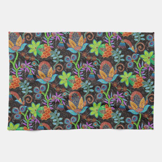 ガラスカラフルビーズルックレトロフローラデザイン キッチンタオル (横)