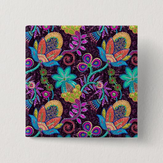 ガラスカラフルビーズルックレトロフローラデザイン 缶バッジ (正面)