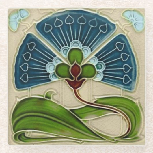 ガラスコースター – アールヌーボーフローラデザイン (正面)