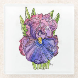 ガラスコースター – パープルアイリス水彩