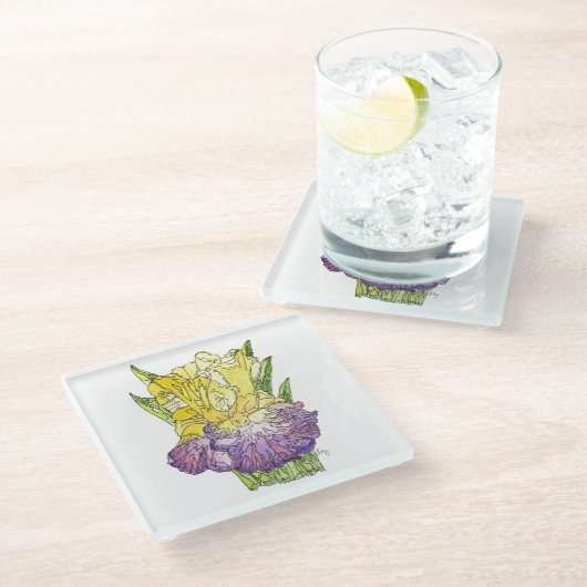 ガラスコースター – 黄色と紫の虹彩水色 (アングル)