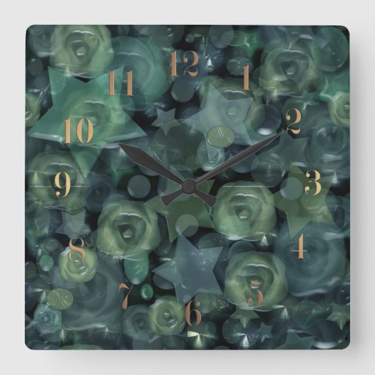 ガラスタイル3Dの液体のバラおよび星 スクエア壁時計 (正面)