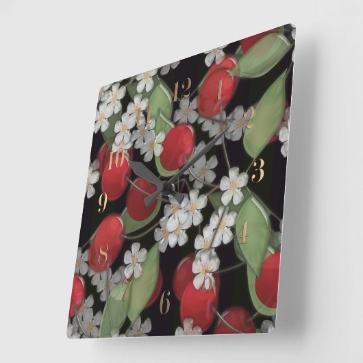 ガラスタイル3D液体さくらんぼと花開花 スクエア壁時計 (傾斜)