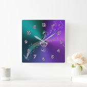 ガラスティール(緑がかった色)時計付き紫クレフ、 音符記号金属 スクエア壁時計 (ホーム)