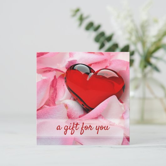 ガラスバレンタインデーハートバラ花びらギフトカード (スタンド正面)