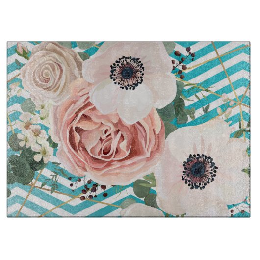 ガラスパーソナライズされた切削幾何学模様バラ山形 カッティングボード (正面)