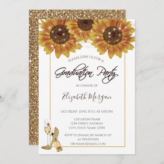 ガラスヒマワリグリッター卒業パーティー 招待状 (正面/裏面)