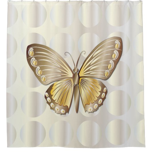 ガラスフェイクドットの上の金色の蝶 シャワーカーテン (正面)