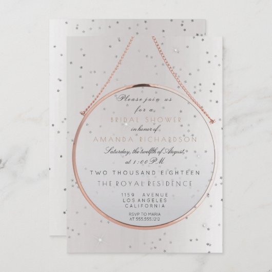 ガラスブライダルシャワーバチェロレッテシルバーピンクローズ 招待状 (正面/裏面)