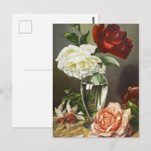 ガラスベースのレッドホワイトピンクのバラの芸術 ポストカード