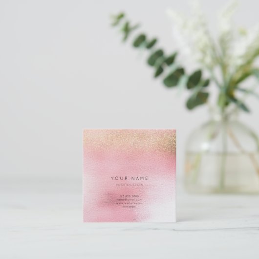 ガラスホワイトピンクローズ金ゴールドピーチグラデーションスクエアVIP スクエア名刺 (スタンド正面)