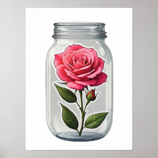ガラスボトルのピンクのバラの花茎 ポスター (正面)