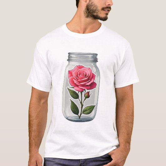 ガラスボトルのピンクのバラの花茎 Tシャツ (正面)