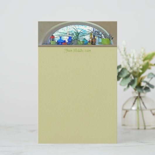 ガラスボトルの植物のウィンドウの水色 便箋 (スタンド正面)