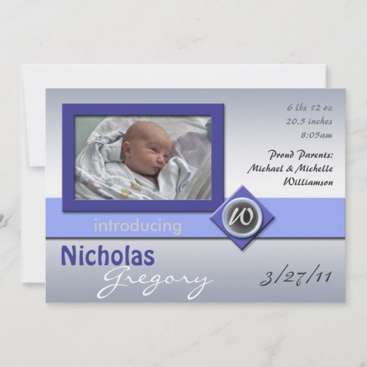 ガラスモダンモノグラム青の出産の発表 案内状 (正面)