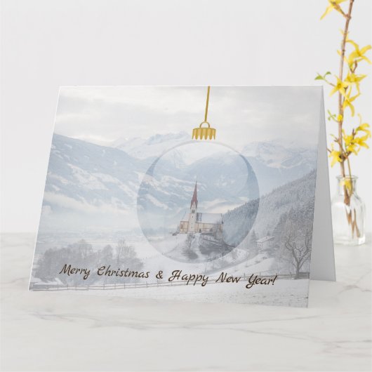 ガラス玉のクリスマスカードで冬の教会 カード (黄色い花)