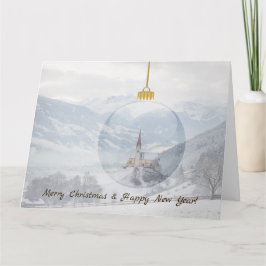 ガラス玉のクリスマスカードで冬の教会 カード