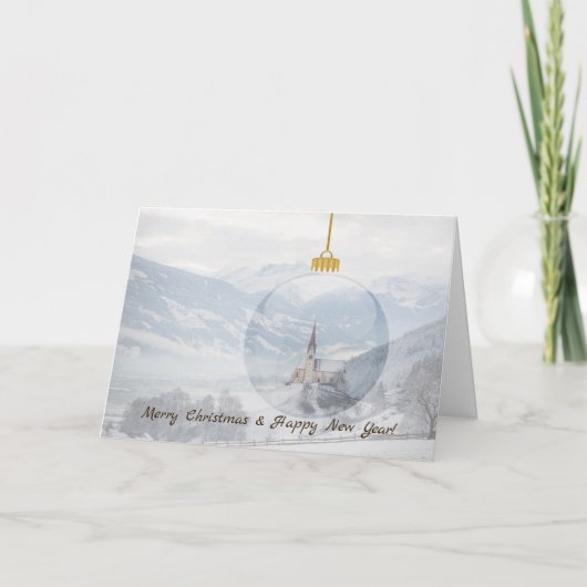 ガラス玉のクリスマスカードで冬の教会 シーズンカード (正面)