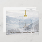 ガラス玉のクリスマスカードで冬の教会 シーズンポストカード (正面/裏面)