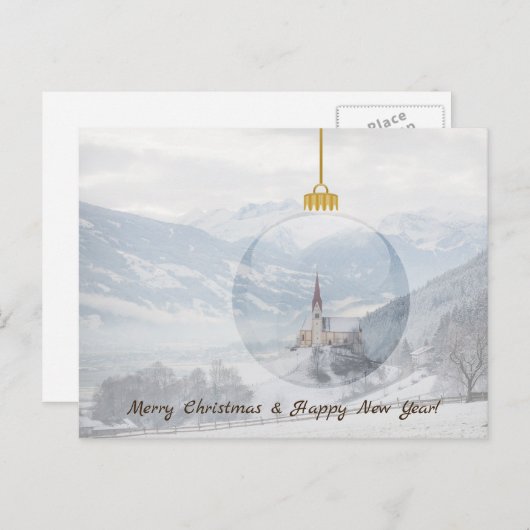 ガラス玉のクリスマスカードで冬の教会 シーズンポストカード (正面/裏面)