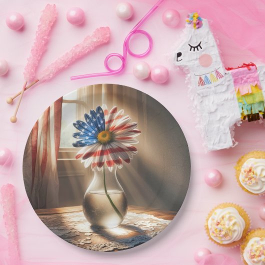 ガラス花瓶のアメリカ国旗のデイジー ペーパープレート (パーティー)