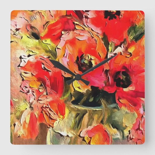 ガラス花瓶のケシの黒い輪郭 スクエア壁時計 (正面)