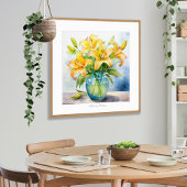 ガラス花瓶の水彩の黄色のユリの花束プリント ポスター