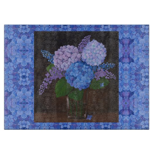 ガラス製キッチンのカッティングボード – 花瓶のアジサイ#2 カッティングボード (正面)