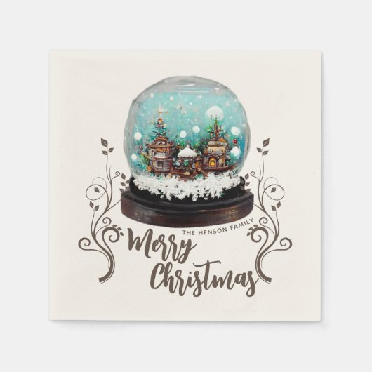 ガラス雪だるま冬の村の植物のクリスマス スタンダードカクテルナプキン (正面)