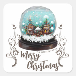 ガラス雪だるま冬の村の葉のクリスマス スクエアシール