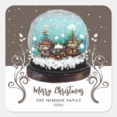 ガラス雪だるま冬の村の葉のクリスマス スクエアシール (正面)