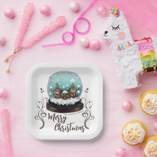 ガラス雪だるま冬の村の葉のクリスマス ペーパープレート (パーティー)