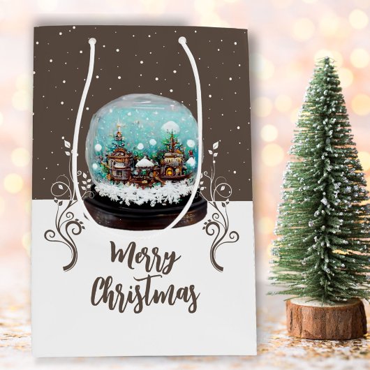 ガラス雪だるま冬の村ブラウンクリスマス ミディアムペーパーバッグ