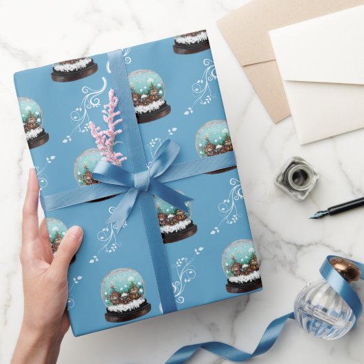 ガラス雪だるま式ウィンタービレッジハウスブルークリスマス ラッピングペーパー (ギフト)