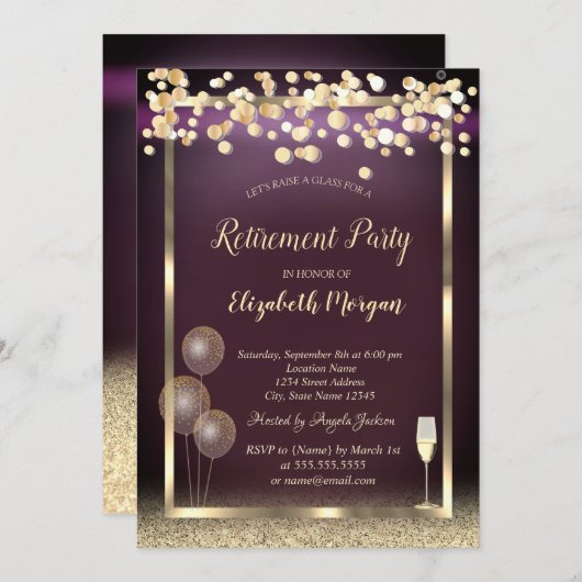  ガラス風船グリッターゴールドバーガンディ退職 招待状 (正面/裏面)
