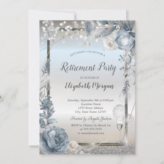 ガラス風船グリッターブルーフラワーリタイア 招待状 (正面)