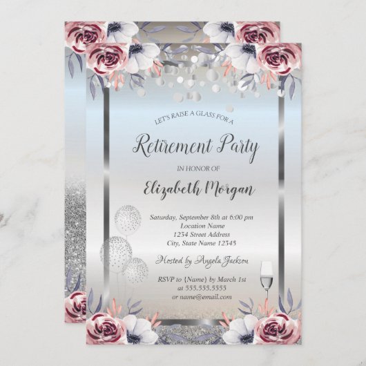 ガラス風船シルバーグリッターバラ退職 招待状 (正面/裏面)