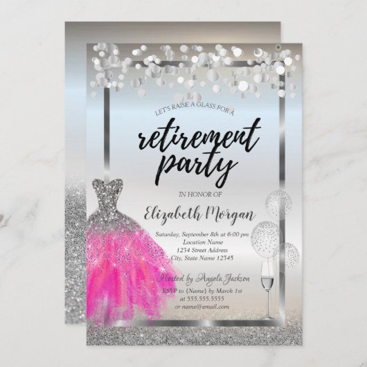 ガラス風船ドレスシルバーグリッター退職 招待状 (正面/裏面)