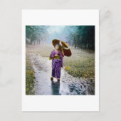 ガラス魔法ランタンが雨の中で日本の少女を滑らせる ポストカード (正面)