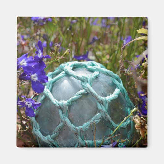 ガラス魚釣りフロートと花 マグネット (正面)