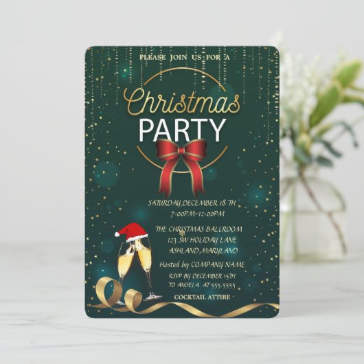 ガラス、エレガントサンタハット会社クリスマスパーティー 招待状 (スタンド正面)