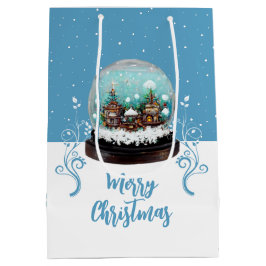 ガラス スノーボール 冬の村 青い メリークリスマス ミディアムペーパーバッグ