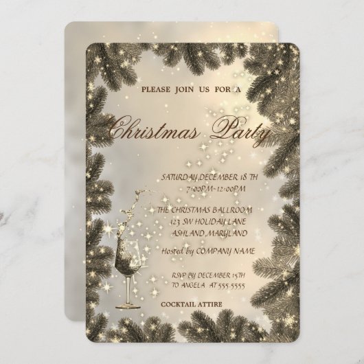 ガラス,金ゴールド,木の枝,企業のクリスマスパーティー 招待状 (正面/裏面)