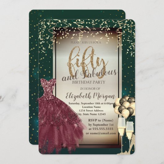 ガラス、風船、赤いドレス、緑50誕生日 招待状 (正面/裏面)