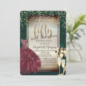 ガラス、風船、赤いドレス、緑50誕生日 招待状 (スタンド正面)