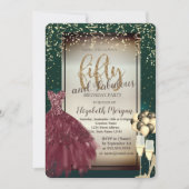 ガラス、風船、赤いドレス、緑50誕生日 招待状 (正面)