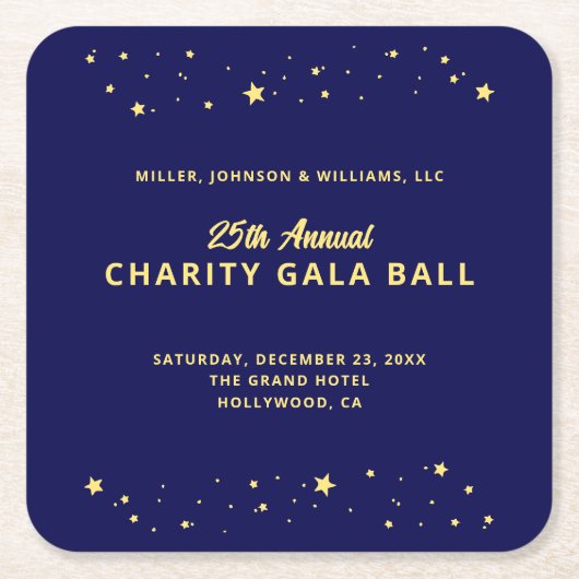 ガラボールオ静かークションブルーエレガント金ゴールドスター スクエアペーパーコースター (正面)