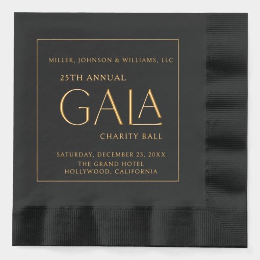 ガラボールチャリティファンドレイザーブラックエレガント金ゴールド 箔ナプキン (正面)